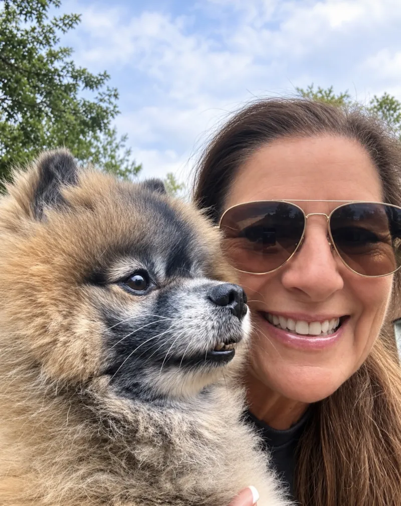 Lisa smiling with Jax, her Pomeranian
